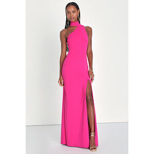 NWT Lulus Keep It Interesting Hot Pink Asymmetrical Halter Maxi Dress - Size L